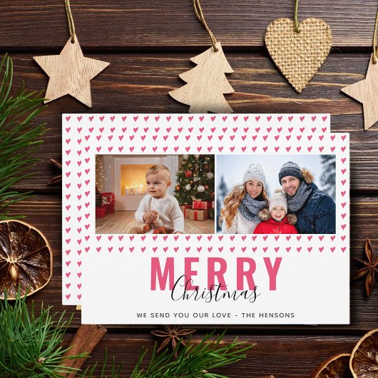 Pink Heart Merry Christmas Script Familiefoto Feestdagenkaart