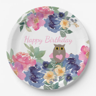 Pink Heart Owl Floral Waterverf Happy Birthday Papieren Bordje