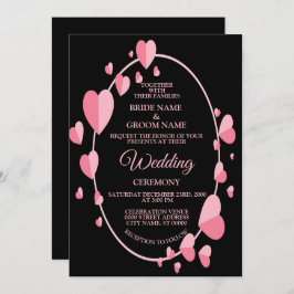 Pink Heart Pattern Black Geometric Elegant Wedding Kaart