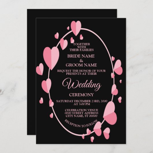 Pink Heart Pattern Black Geometric Elegant Wedding Kaart (Voorkant / Achterkant)