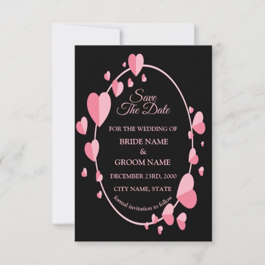 Pink Heart Pattern Black Geometric Elegant Wedding Save The Date (Voorkant)