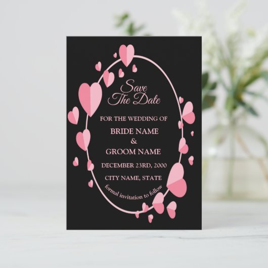 Pink Heart Pattern Black Geometric Elegant Wedding Save The Date (Staand voorkant)