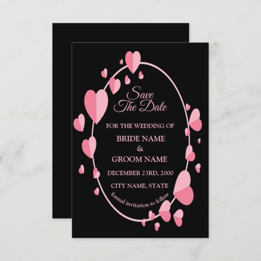 Pink Heart Pattern Black Geometric Elegant Wedding Save The Date (Voorkant / Achterkant)