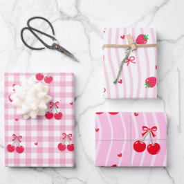 Pink Heart Ribbon Cherries Inpakpapier Vel
