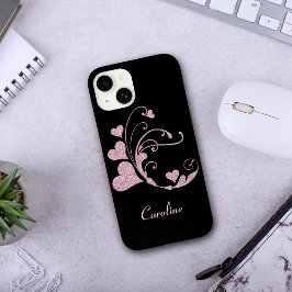 Pink Heart Swirl Faux Glitter Case-Mate iPhone 14 Hoesje