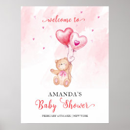 Pink Heart Teddy Bear Balloon Baby shower Welkom Poster