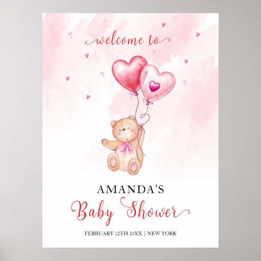Pink Heart Teddy Bear Balloon Baby shower Welkom Poster (Voorkant)