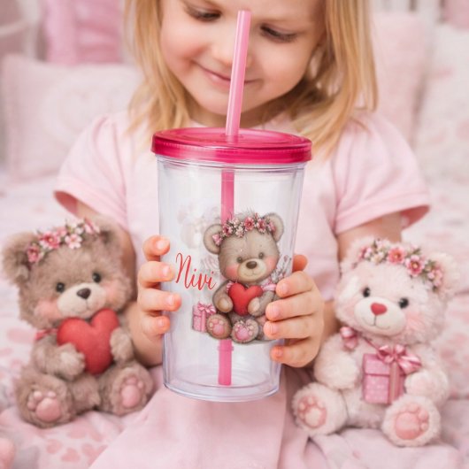 Pink Heart Teddy Bear Tumbler Illustration  Acryl Drinkbeker