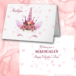 Pink Heart Unicorn Personalized Valentin Card Feestdagen Kaart