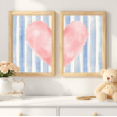 Pink Heart Watercolor, Aesthetic Blue Stripes Muurkunst Sets