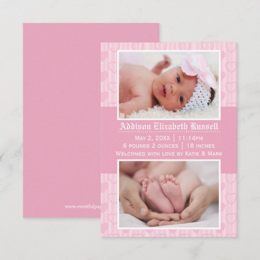 Pink Hearts 2 foto's - 3x5 geboorteaankondiging Aankondiging (Voorkant / Achterkant)