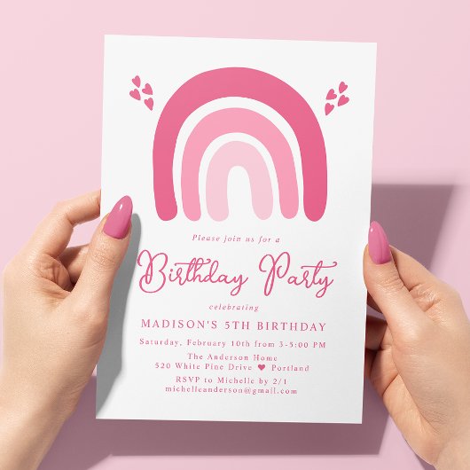 Pink Hearts and Rainbows Birthday Party Kaart