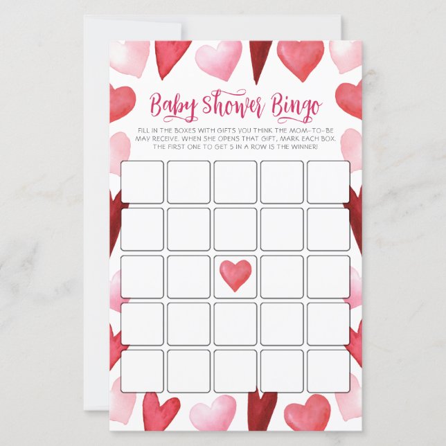 Pink Hearts Baby Shower Bingo Game Card (Voorkant)