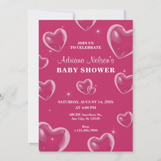 Pink Hearts bubble baby shower Uitnodiging (Voorkant)