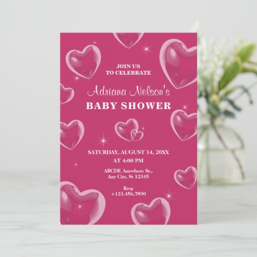 Pink Hearts bubble baby shower Uitnodiging (Staand voorkant)
