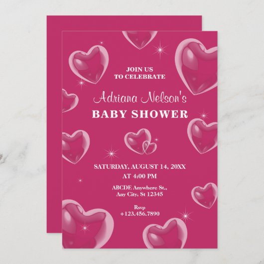 Pink Hearts bubble baby shower Uitnodiging (Voorkant / Achterkant)