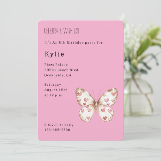 Pink Hearts Butterfly Verjaardag Kaart (Staand voorkant)