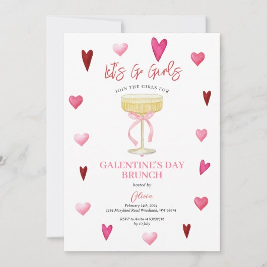 Pink Hearts & Champagne Glass Girls’ Night Kaart (Voorkant)