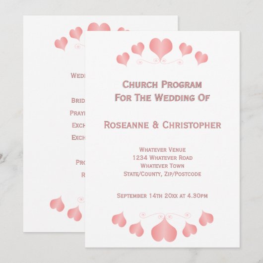 Pink Hearts Design Wedding Programmakaart (Voorkant / Achterkant)