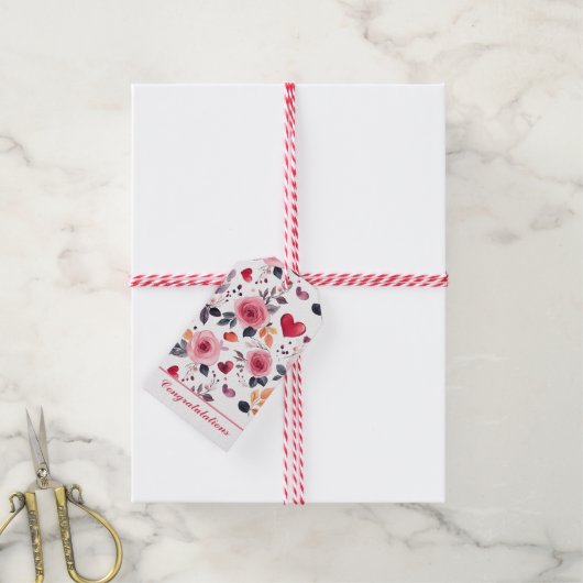 Pink Hearts en Rozen gefeliciteerd Cadeaulabel (Met Touw)