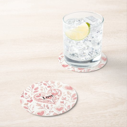 Pink Hearts Floral Love Ronde Kartonnen Onderzetter (Insitu)