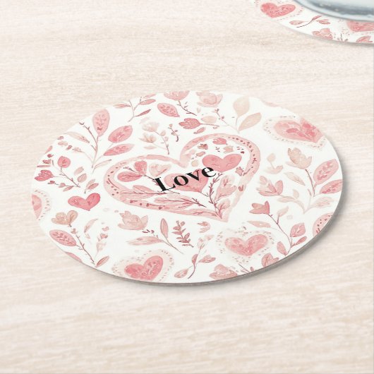 Pink Hearts Floral Love Ronde Kartonnen Onderzetter (Gebogen)
