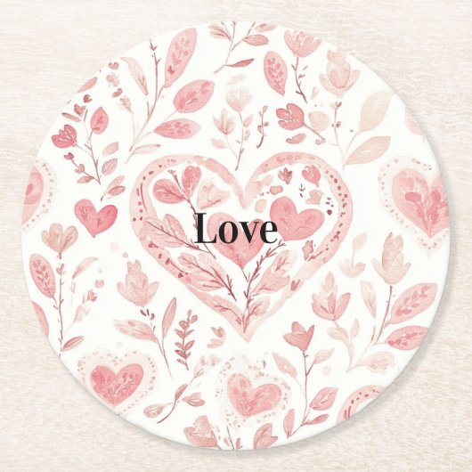 Pink Hearts Floral Love Ronde Kartonnen Onderzetter (Voorkant)