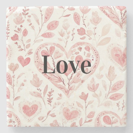 Pink Hearts Floral Love Stenen Onderzetter (Voorkant)