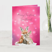 Pink Hearts Fox Bunny Glitzy Sweetheart Christmas Kaart (Voorkant)
