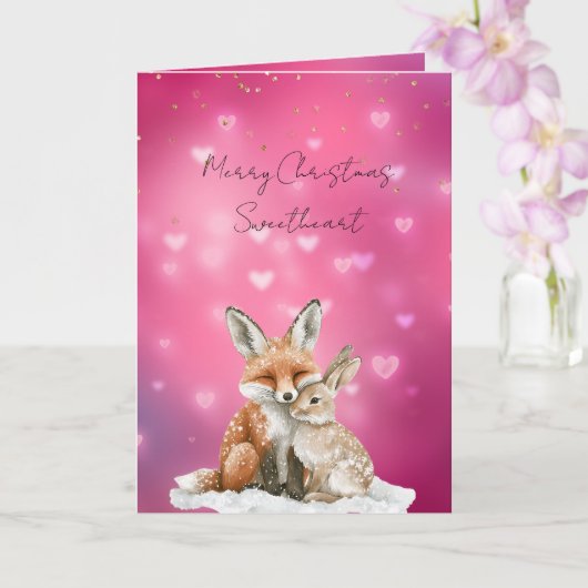 Pink Hearts Fox Bunny Glitzy Sweetheart Christmas Kaart (Orchidee)