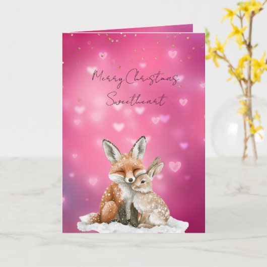 Pink Hearts Fox Bunny Glitzy Sweetheart Christmas Kaart (Gele Bloem)