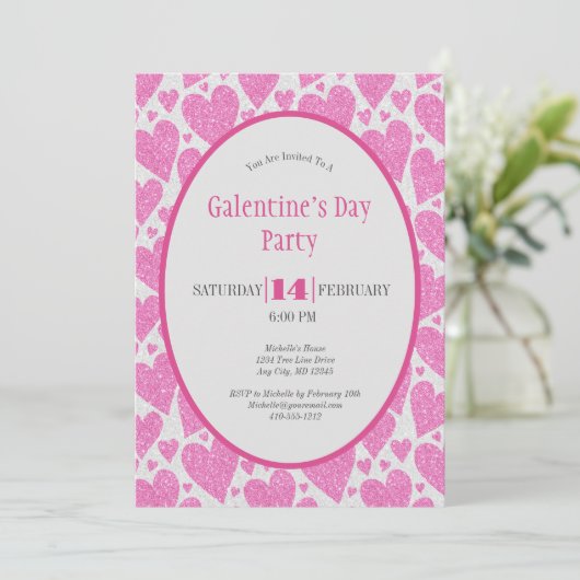 Pink Hearts Galentine's Day Party Kaart (Staand voorkant)