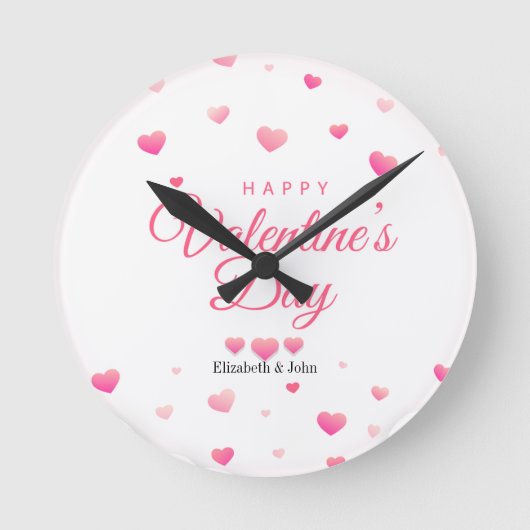 Pink Hearts Happy Valentine's Day Ronde Klok (Voorkant)