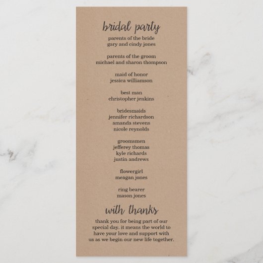 Pink Hearts Kraft Wedding Programma Programmakaart (Achterkant)