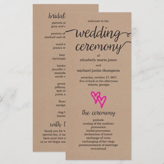 Pink Hearts Kraft Wedding Programma Programmakaart (Voorkant / Achterkant)