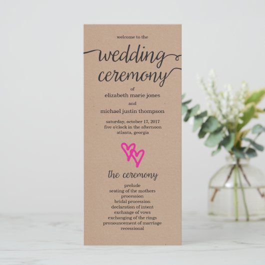 Pink Hearts Kraft Wedding Programma Programmakaart (Staand voorkant)