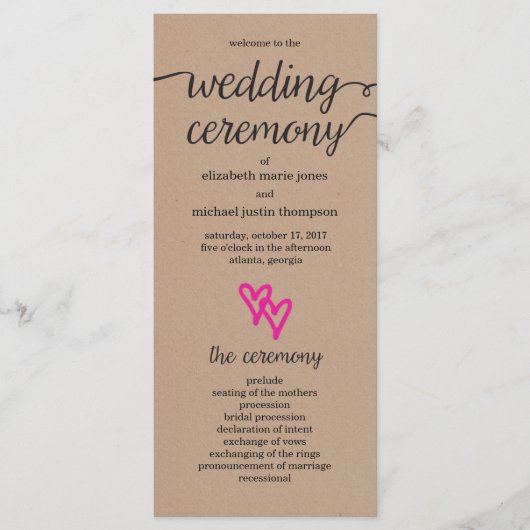 Pink Hearts Kraft Wedding Programma Programmakaart (Voorkant)