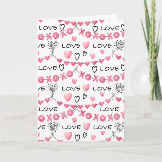 Pink Hearts Love Doodle Script Pattern Valentine's Kaart (Voorkant)