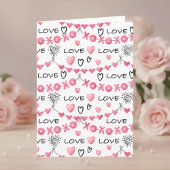 Pink Hearts Love Doodle Script Pattern Valentine's Kaart