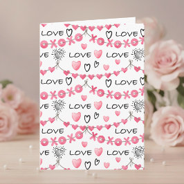 Pink Hearts Love Doodle Script Pattern Valentine's Kaart