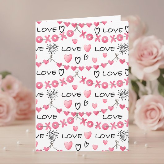 Pink Hearts Love Doodle Script Pattern Valentine's Kaart
