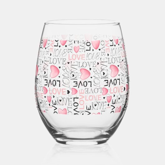 Pink Hearts Love Script Pattern Happy Valentine's  Wijnglas Zonder Voet (Voorkant)