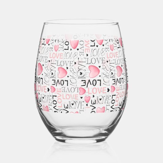 Pink Hearts Love Script Pattern Happy Valentine's  Wijnglas Zonder Voet (Achterkant)