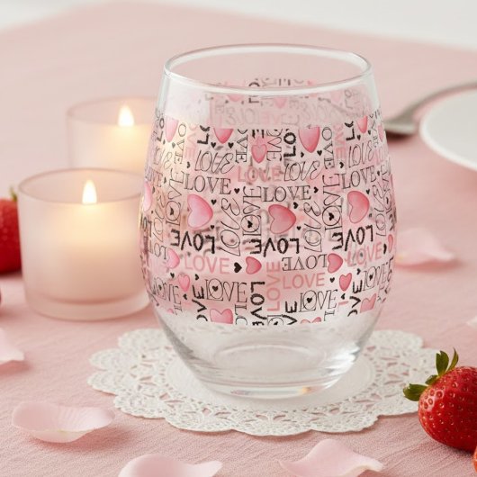 Pink Hearts Love Script Pattern Happy Valentine's Wijnglas Zonder Voet