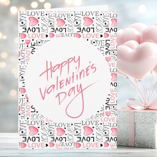 Pink Hearts Love Typography Happy Valentine's Day Kaart