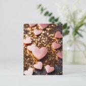 pink hearts on golden glitter ground for valentine briefkaart (Staand voorkant)