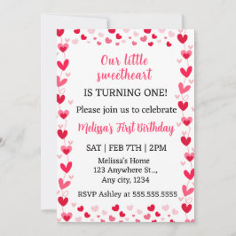 Pink Hearts Our Little Sweetheart Birthday Invite  Kaart