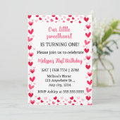 Pink Hearts Our Little Sweetheart Birthday Invite  Kaart (Staand voorkant)