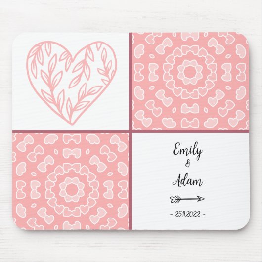 Pink Hearts Pattern Couple Names Muismat (Voorkant)