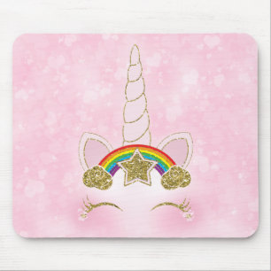 Pink Hearts Rainbow Star Unicorn Horn Face Muismat